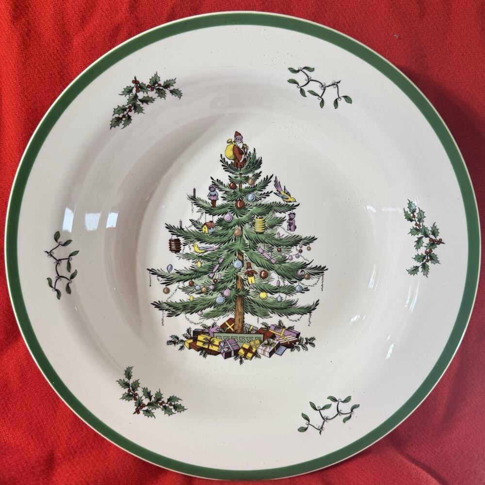 Vintage Spode Christmas Tree 11" Wide Bowl Made in England Rimmed Salad Soup Veg